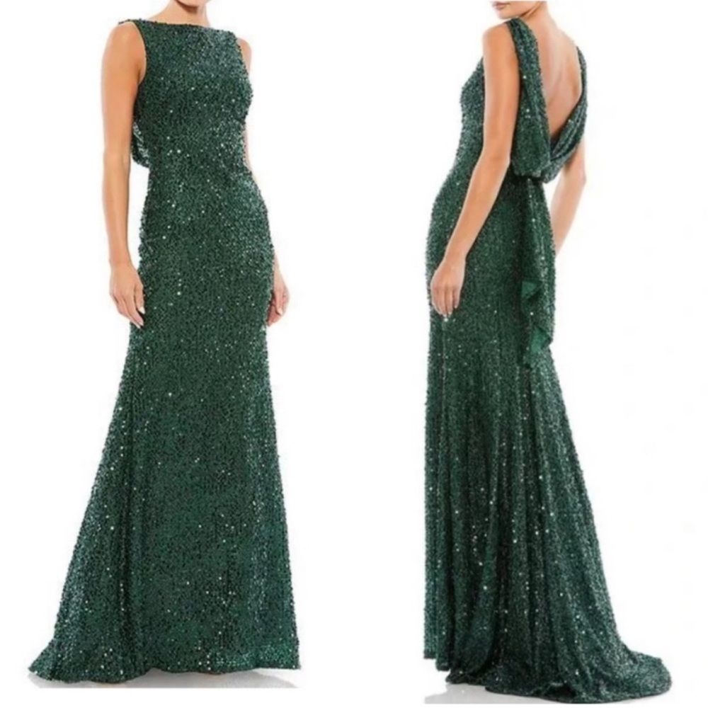 NEW Mac Duggal Cowl-Back Boat-Neck Sequined Evening Gown Sz 10 green emerald
